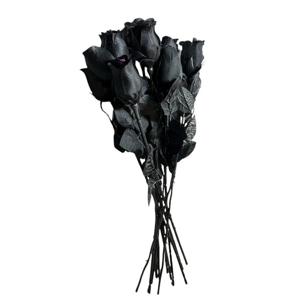 12 Artificial Black Rose Buds Long Stem Flowers - 7 with Purple Accent + 5 Solid